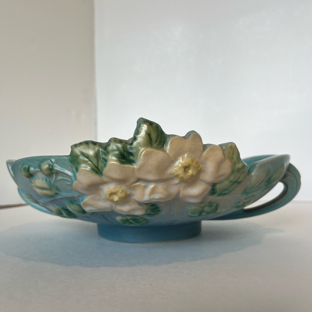 Vintage Roseville Pottery Console Bowl, White Rose Pattern, #392-10